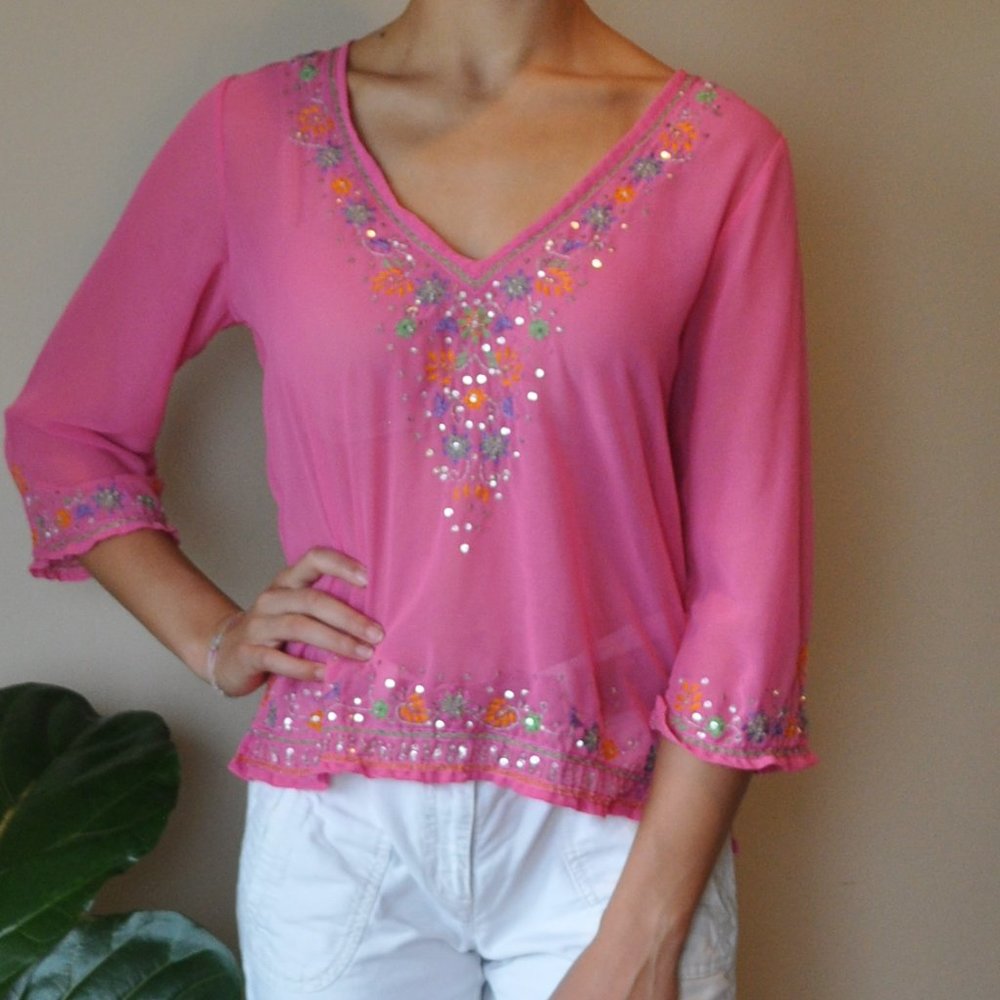 Studio By Bill Blass 3/4 Sleeve Sheer Blouse SZ M